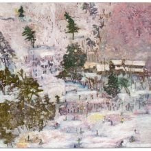 a landscape painting of a snowy ski slope with tiny people milling around